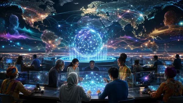 Open global AI network connecting diverse communities in a futuristic nonprofit technology hub.