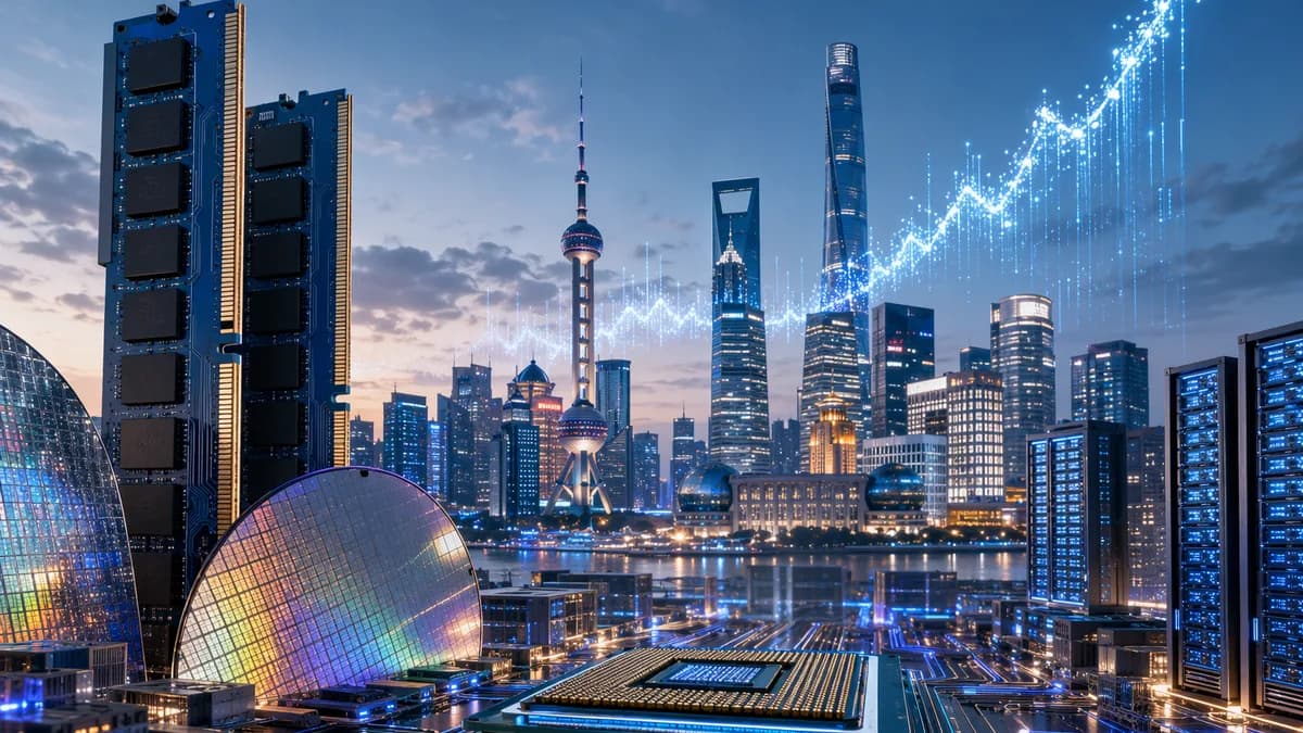 Futuristic semiconductor hub with RAM chips, wafers, and glowing market surge visuals in Shanghai