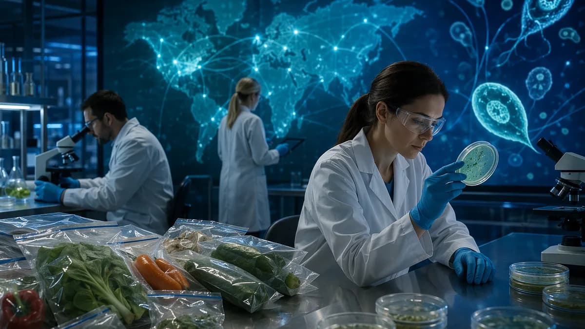 Public health lab investigating a parasite outbreak with produce samples and a global map backdrop.