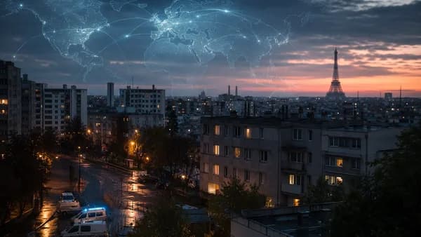 Somber Paris suburb scene with global map connections suggesting an unresolved international investigation.