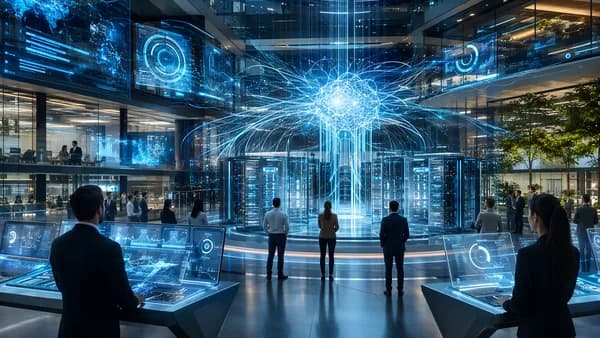 Futuristic enterprise AI hub with data streams converging into a glowing neural network core.