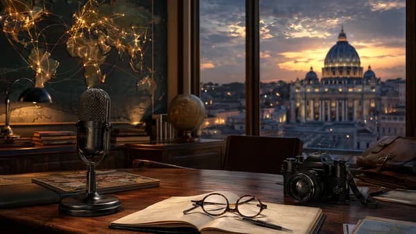 Empty correspondent desk near Vatican skyline with glowing world map connections, dignified tribute mood
