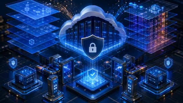 Futuristic cloud security architecture with shields, locks, and automated protection pipelines.