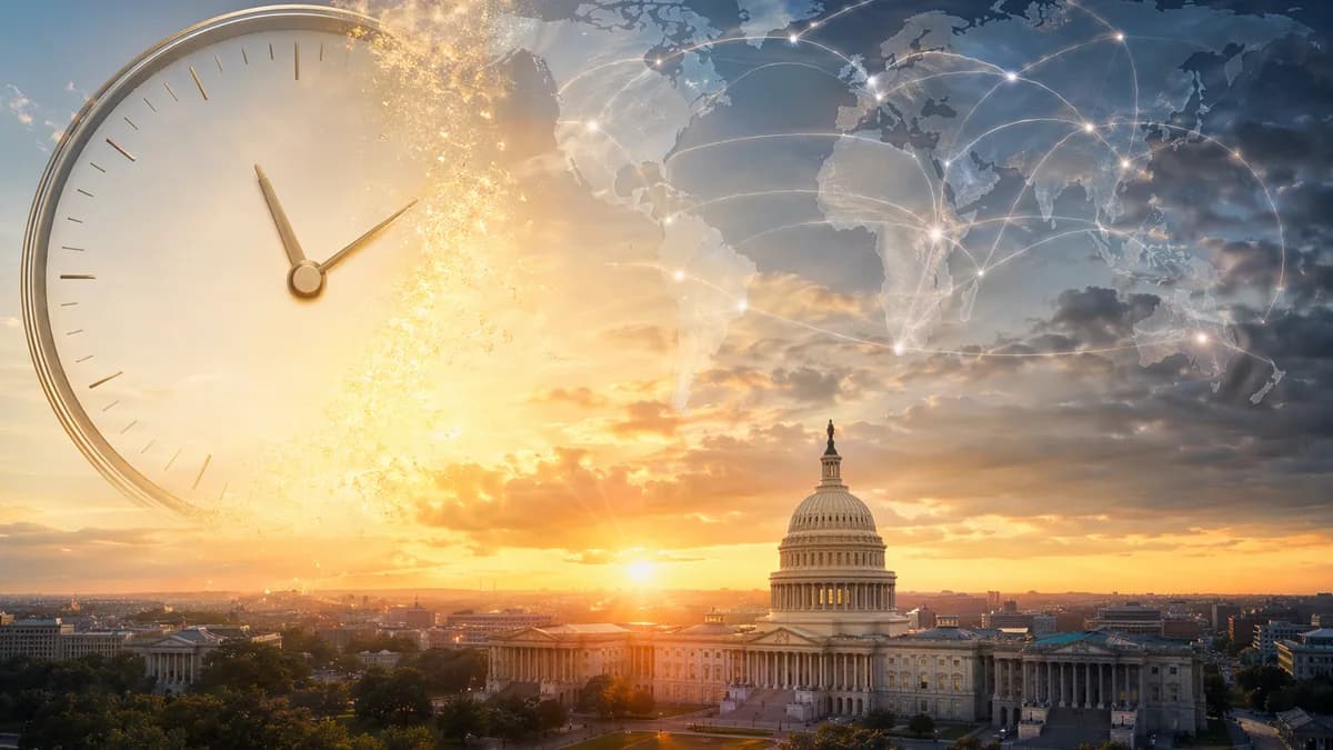 Sunrise over US Capitol with blank clocks and global map connections symbolizing permanent daylight saving time.