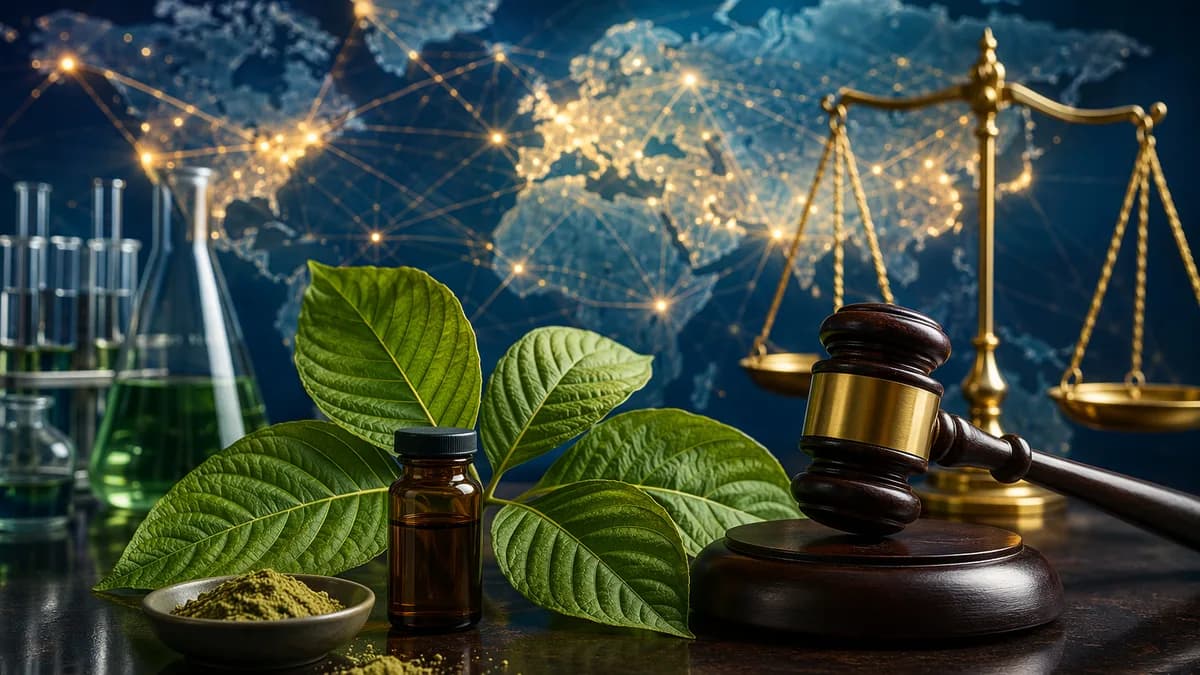 Kratom leaves, vial, gavel, and scales before a glowing global map, symbolizing regulatory action.