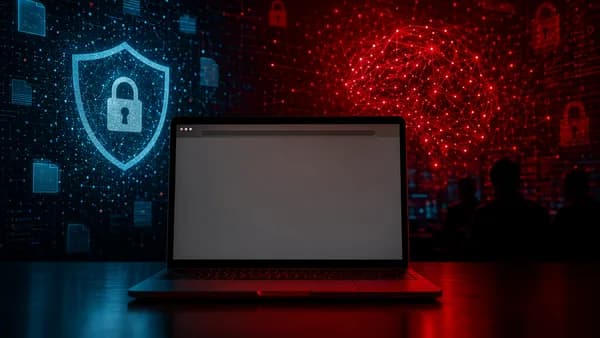 Dark cybersecurity scene showing AI-driven browser ransomware threat with locks, shields, and encrypted files.