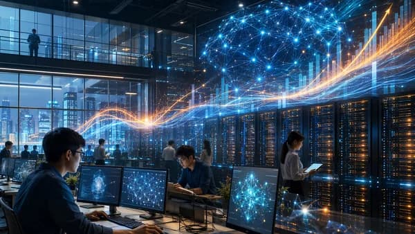 Futuristic AI startup hub with neural networks, server racks, and abstract finance data flows.