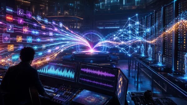 AI-generated music data floods a futuristic streaming operations hub with neural networks and audio visuals.