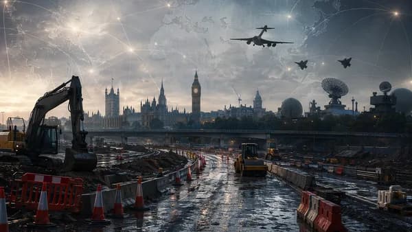 UK roadworks paused as defence aircraft loom, with global map connections suggesting geopolitical funding pressure.