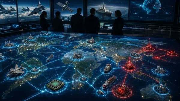 Global defense supply chain map with highlighted supplier risks and geopolitical connections