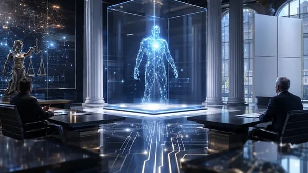 AI agent framed by corporate legal structures in a futuristic tech office.