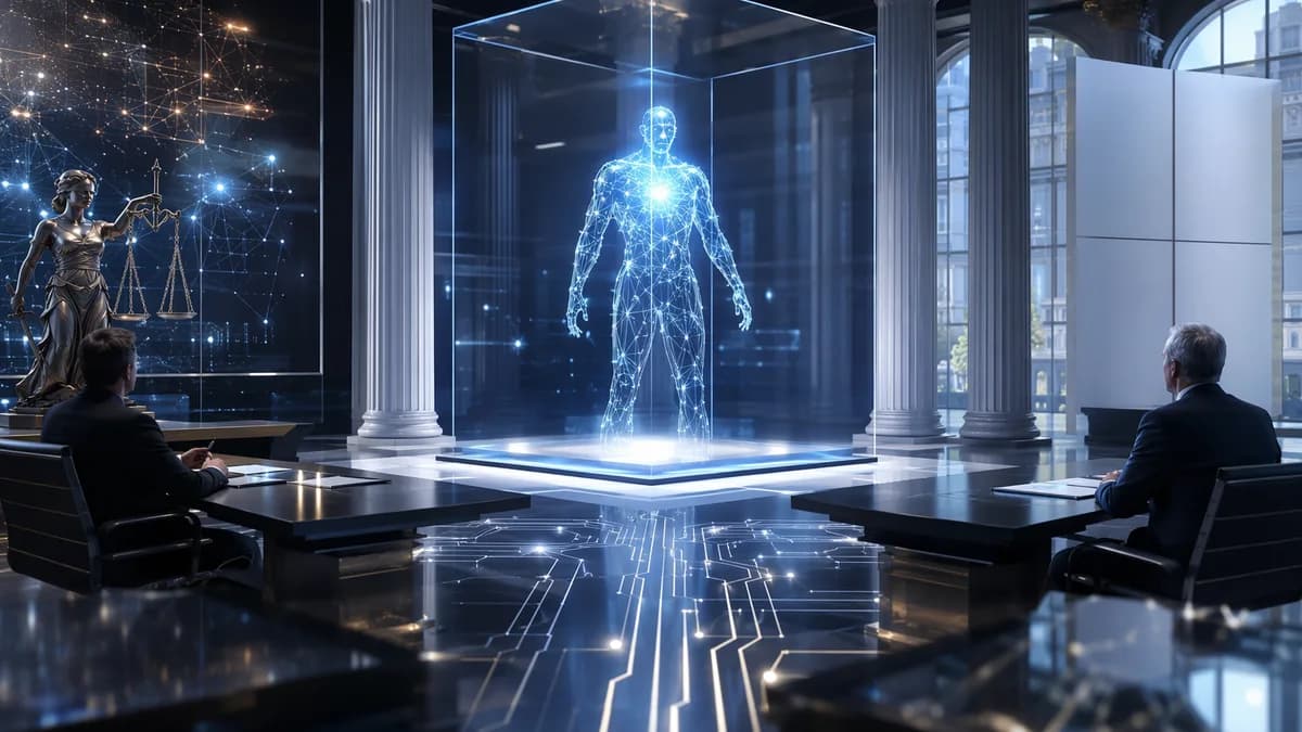 AI agent framed by corporate legal structures in a futuristic tech office.