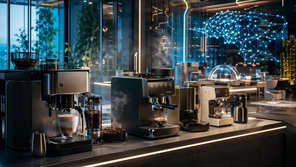 Modern espresso machines in a futuristic smart kitchen with glowing tech interfaces and coffee steam.