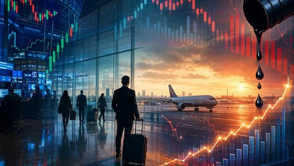 Generic jet at airport with market charts showing rising airfares despite falling oil prices