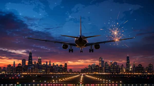 Generic jet landing over Chicago as a small firework bursts nearby, with subtle global map overlay.