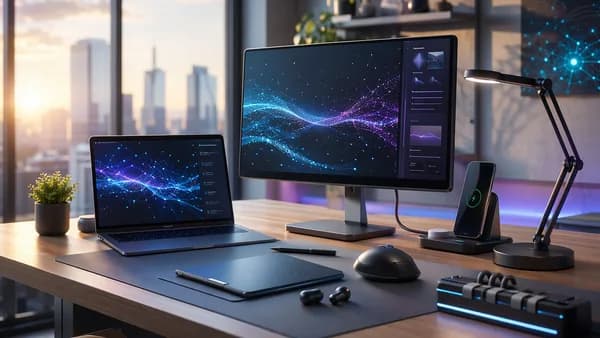 Modern desk with productivity gadgets in a sleek futuristic workspace.