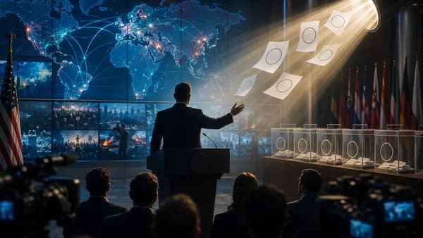 Generic security briefing with ballot boxes and global cyber map, symbolizing election claims amplified by DHS.