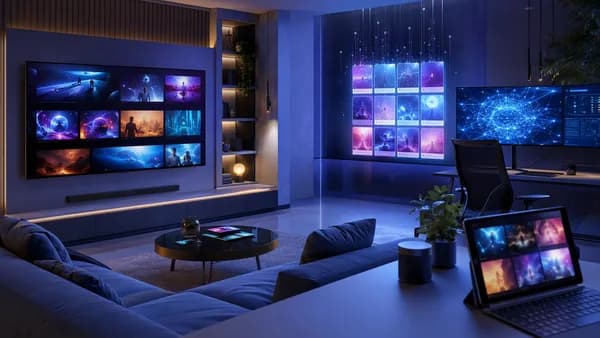 Futuristic streaming setup with smart screens and glowing episode tiles in a modern tech workspace