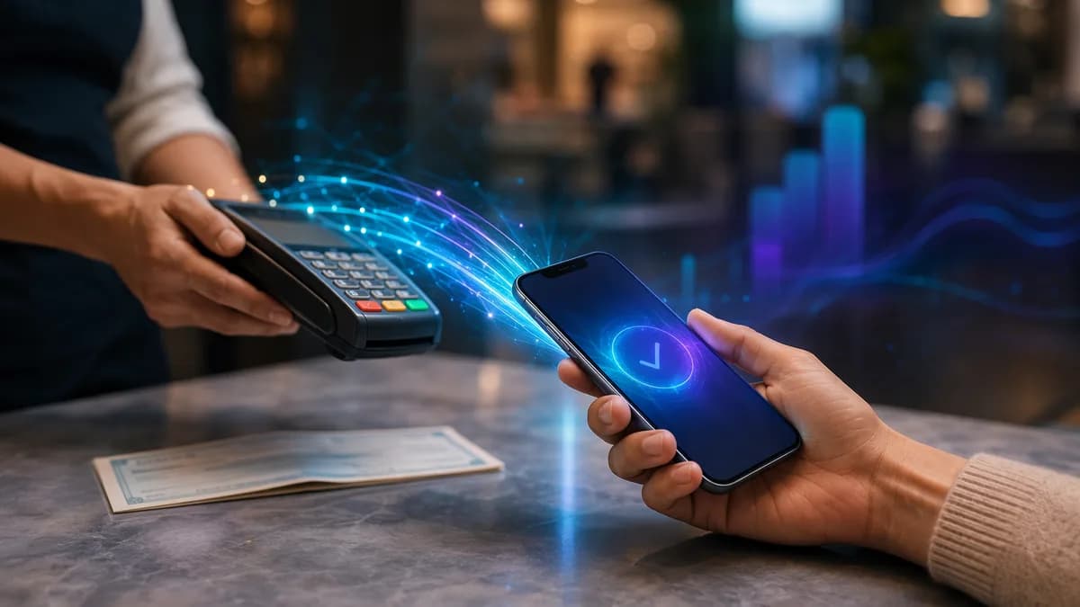 Instant digital payout to a smartphone with a blurred paper check in the background.