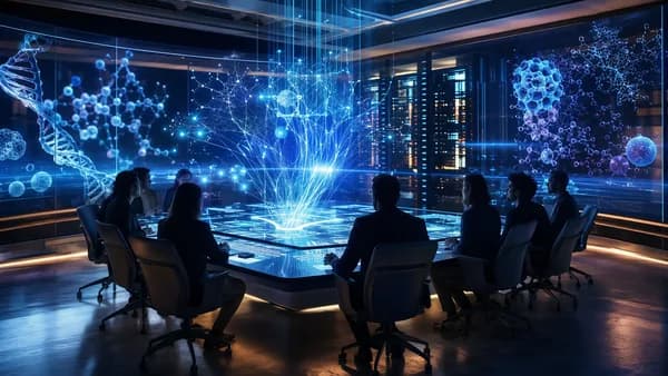 Futuristic AI and biotech investment hub with scientists, neural networks, and compute systems.