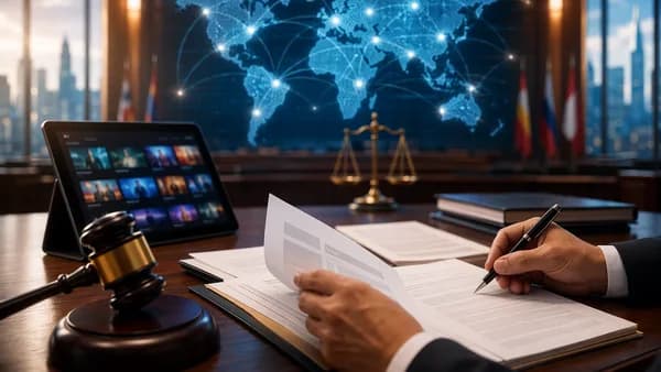 Gavel, claim forms, streaming tablet, and glowing world map symbolize a media settlement claim.