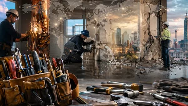 Risky DIY electrical, plumbing and structural repairs shown with professionals and global map connections.