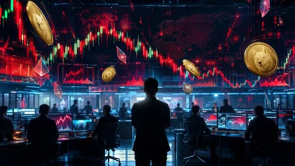 Crypto trading floor with market charts showing a shallow pullback in dogecoin and ether.
