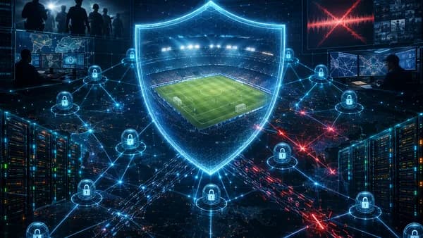 Digital shield over a soccer stadium with locked servers and streaming nodes in a dark cybersecurity scene.