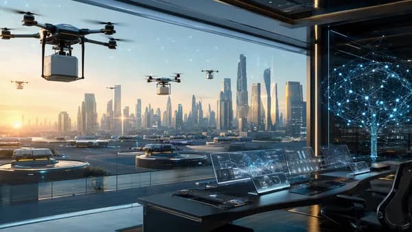 Autonomous delivery drones launch from a tech hub rooftop above a modern city logistics control room.