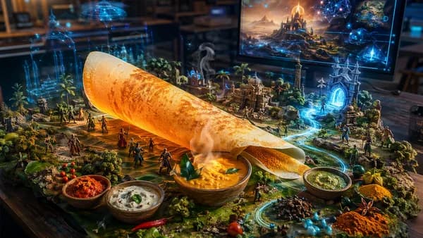 Steaming dosa becomes a tiny fantasy RPG world inside a futuristic game studio.