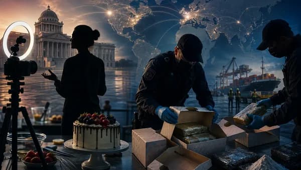 Customs officers inspect cake packaging in a global smuggling case with courthouse and world map backdrop.
