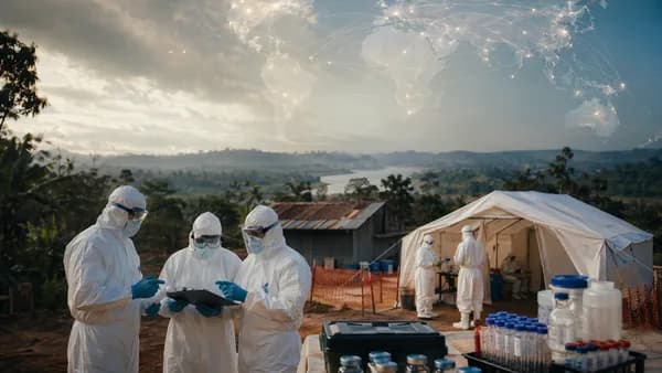 Healthcare workers in DRC Ebola treatment center with vials, world map connections, and outbreak response atmosphere