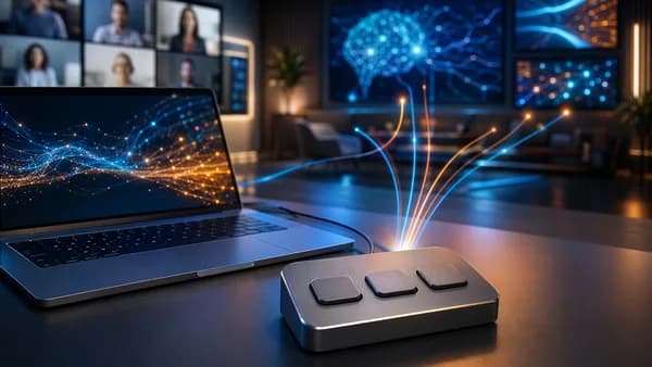 Compact three-button meeting controller beside a laptop in a sleek futuristic workspace.