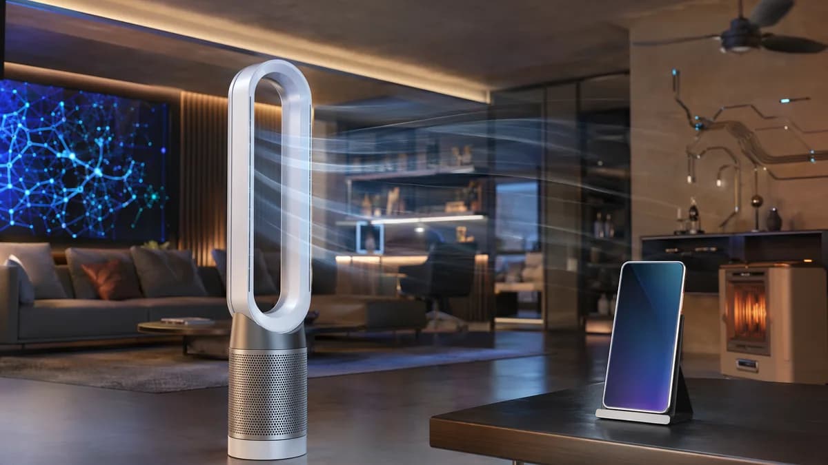 Sleek bladeless fan-heater in a modern smart home with warm and cool airflow lighting.