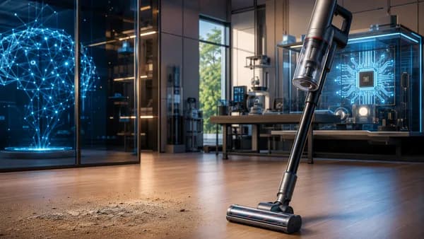 Sleek cordless vacuum in a futuristic smart home lab, highlighting practical affordable cleaning performance.