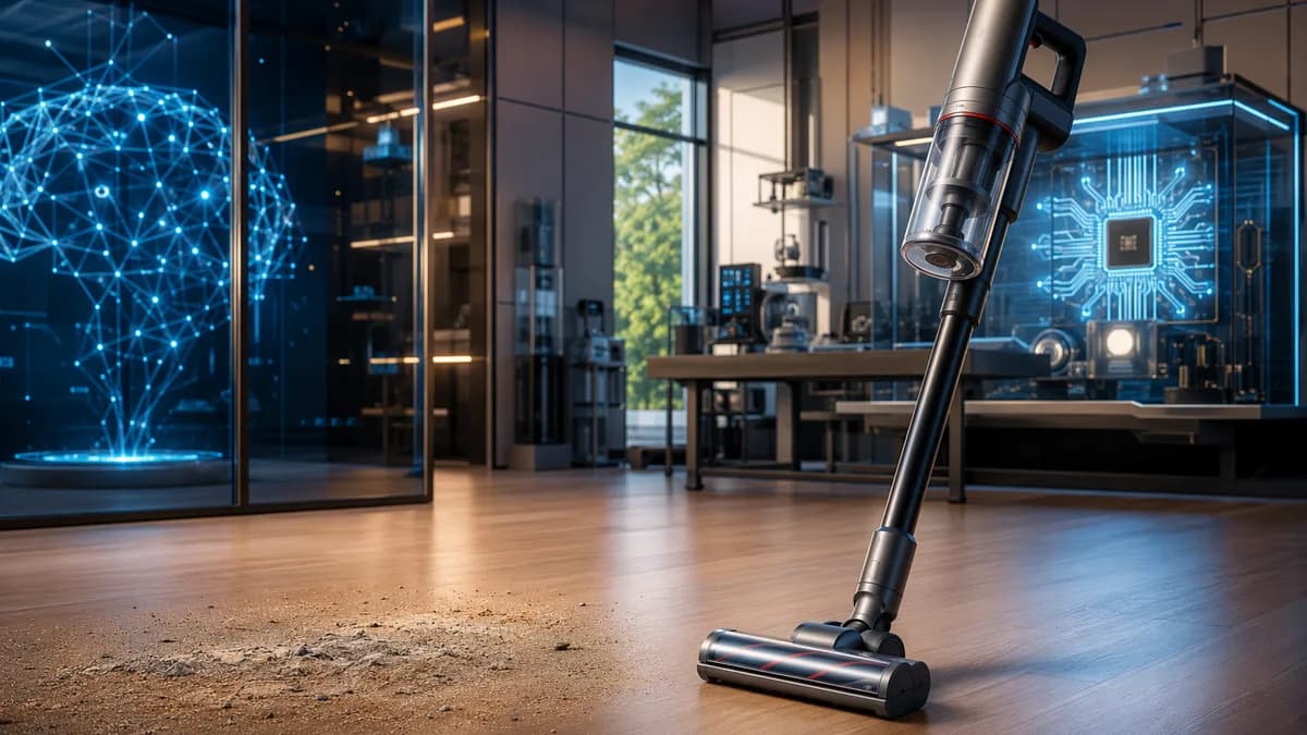 Sleek cordless vacuum in a futuristic smart home lab, highlighting practical affordable cleaning performance.
