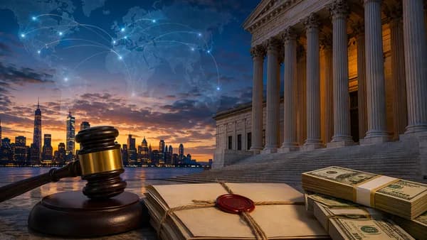 Courthouse, gavel, and money symbolize a high-profile verdict payment dispute.