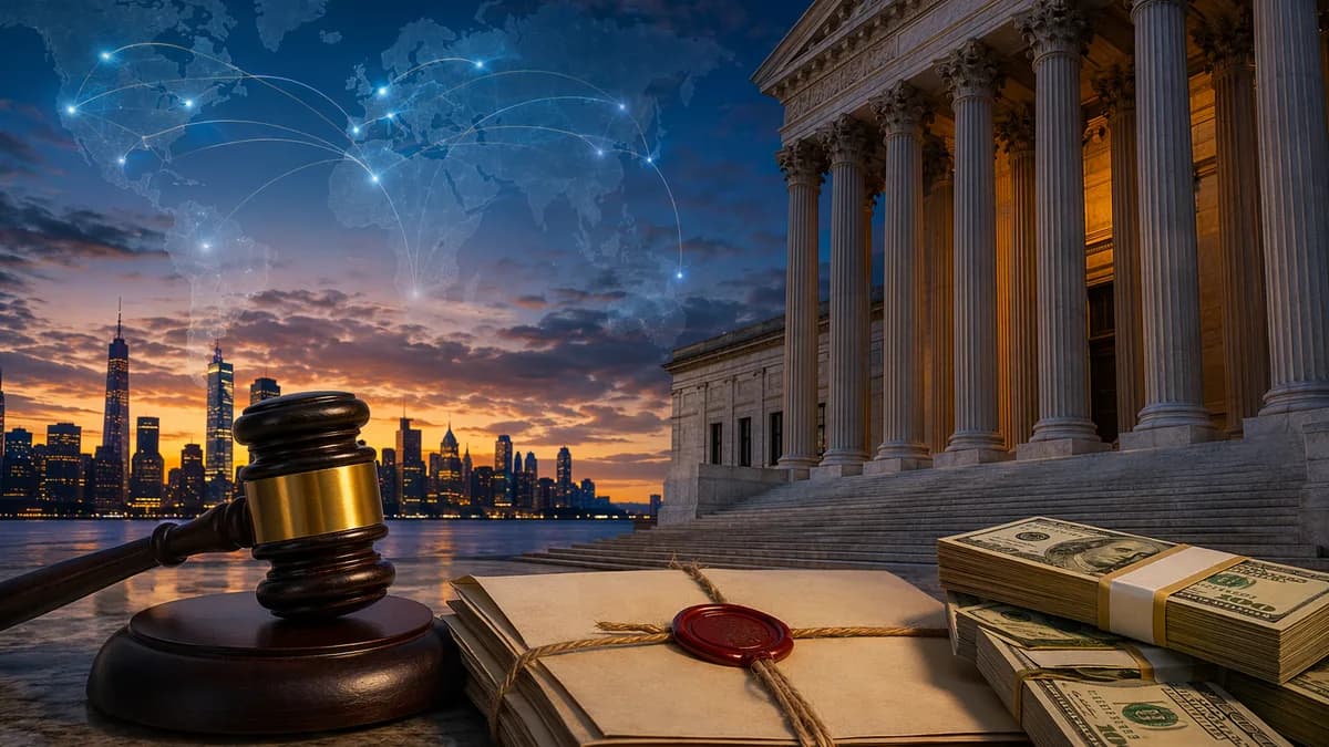 Courthouse, gavel, and money symbolize a high-profile verdict payment dispute.