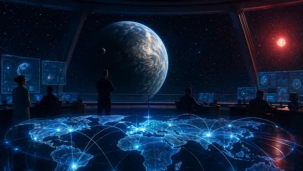 Earth-like exoplanet near a red dwarf viewed from a futuristic observatory with global connection graphics.