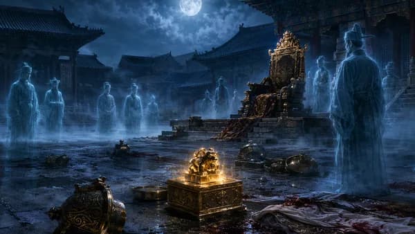 Ghostly witnesses surround a moonlit royal palace throne and glowing cursed seal.
