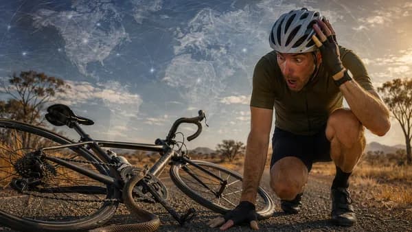 Cyclist beside a bike with a snake caught near the chain on an Australian rural road