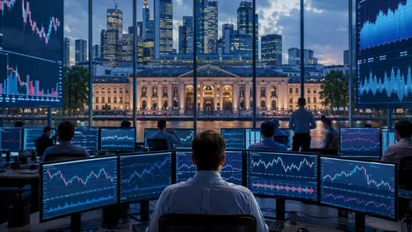 Trading floor with European central bank backdrop and steady market charts after ECB rate hold
