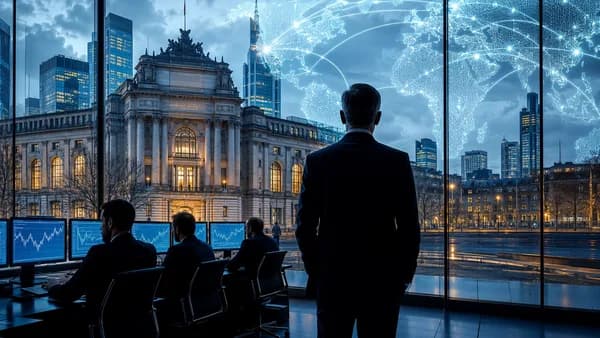 European central bank scene with global map connections, markets awaiting interest rate decision