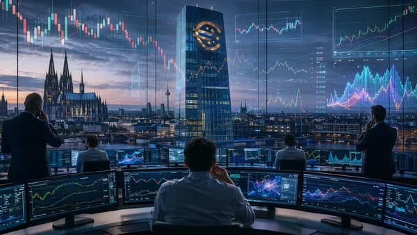 European central bank trading floor with market charts and traders awaiting rate policy signals