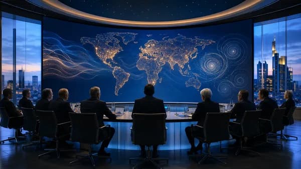 ECB policy room with global map and fading inflation spiral, symbolizing contained wage-price pressures.