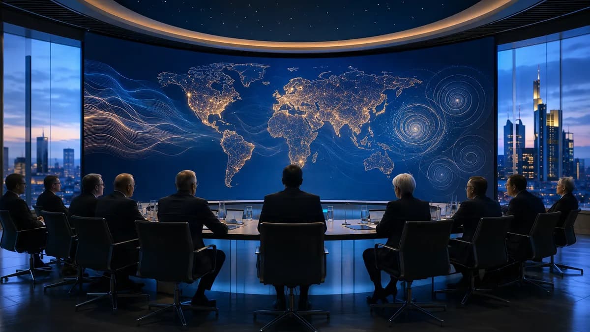 ECB policy room with global map and fading inflation spiral, symbolizing contained wage-price pressures.