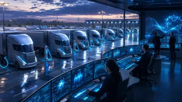 Electric freight trucks charging in a futuristic AI-powered logistics hub