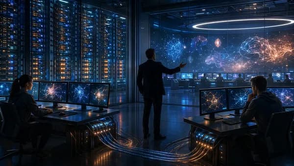 Futuristic AI compute hub showing rival workstations and glowing server capacity.