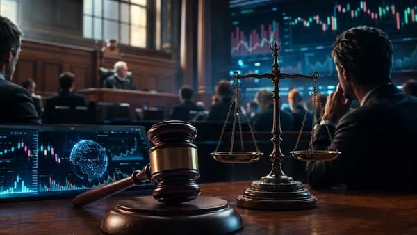 Courtroom and trading floor scene with gavel, market charts, and investors symbolizing a contested SEC settlement.