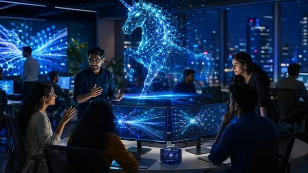 Indian AI startup workspace with holographic unicorn and abstract coding screens.